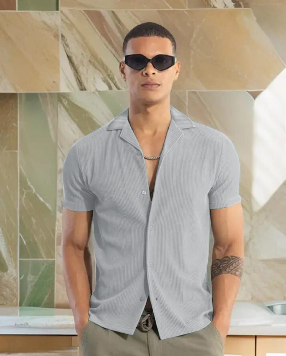 Navy blue solid self design opaque Casual shirt ,has a spread collar, button placket, na pocket, short regular sleeves, curved hem - Image 3
